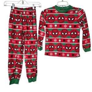 Marvel Spiderman Red Green Christmas Theme Boys Pajamas Waffle Knit Matching Set